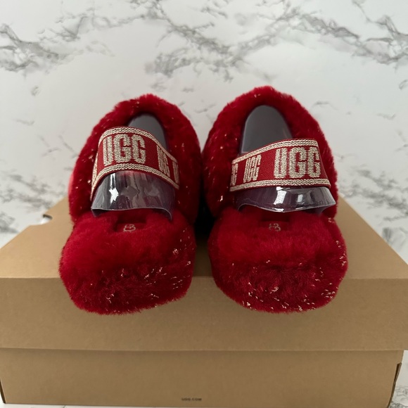 UGG Fluff Yeah Slingback Slippers Slides Red and Gold Glitter - Picture 4 of 10